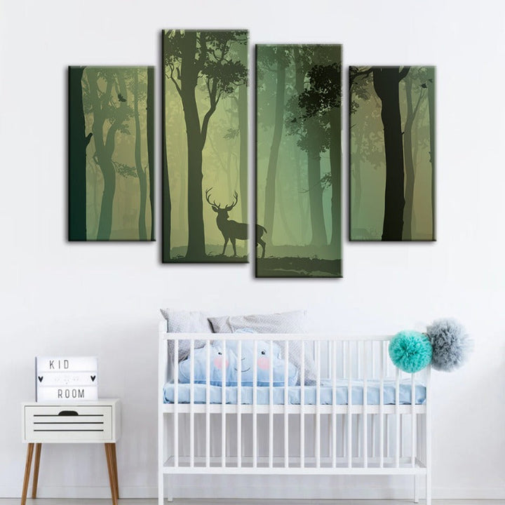 4-Piece Enchanted Green Silhouette Deer - Canvas Wall Art Painting | Skanto