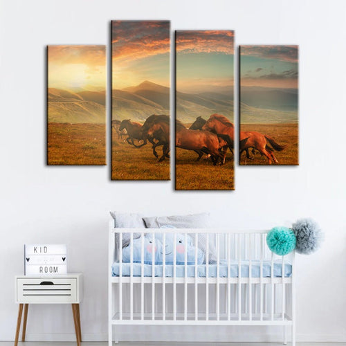 4 Pcs Running Horses with Beautiful Landscape - Canvas Wall Art Painting | Skanto