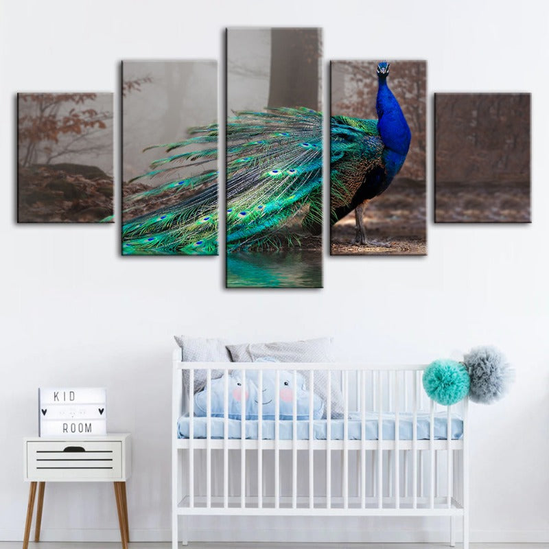 5 Piece Vibrant Peacock by the Pond - Canvas Wall Art Painting | Skanto
