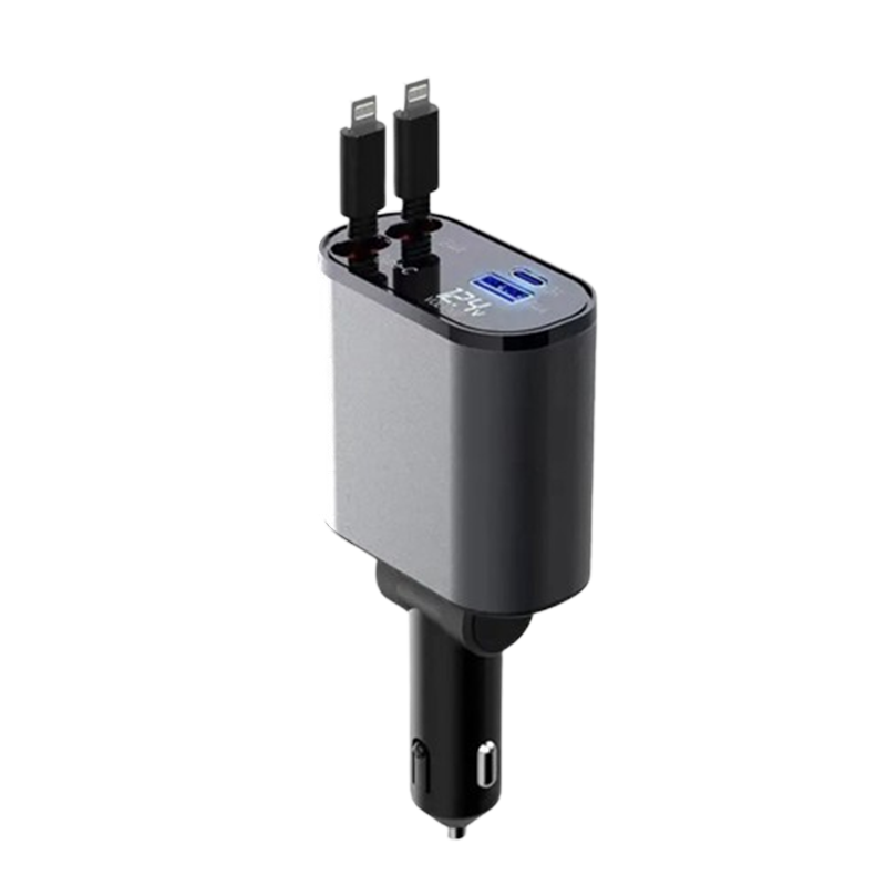 4-i-1 Bil Charger med Uttrekkbar Kabel | Skanto