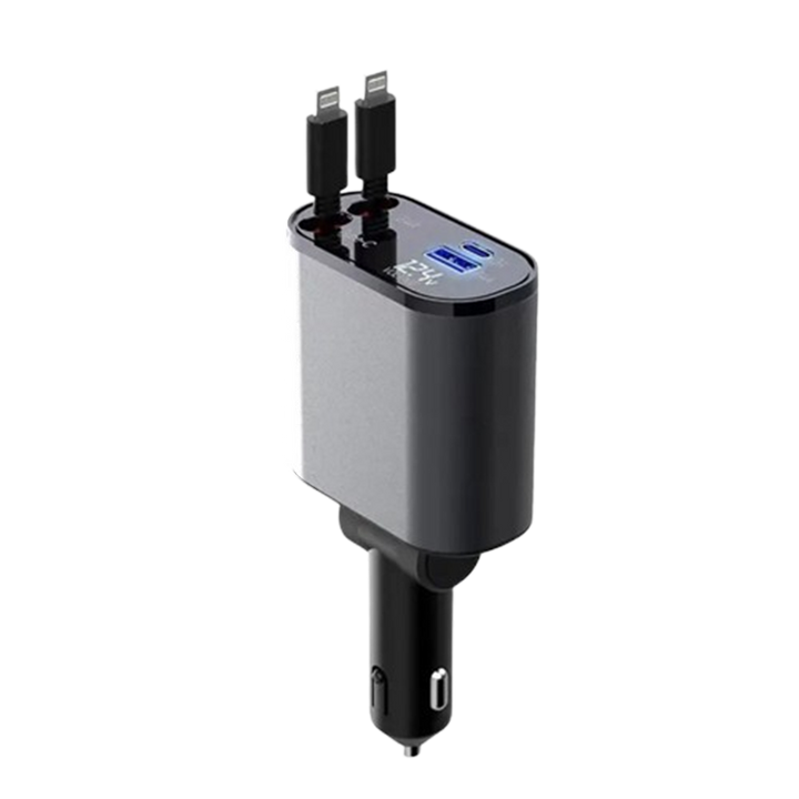 4-i-1 Bil Charger med Uttrekkbar Kabel | Skanto