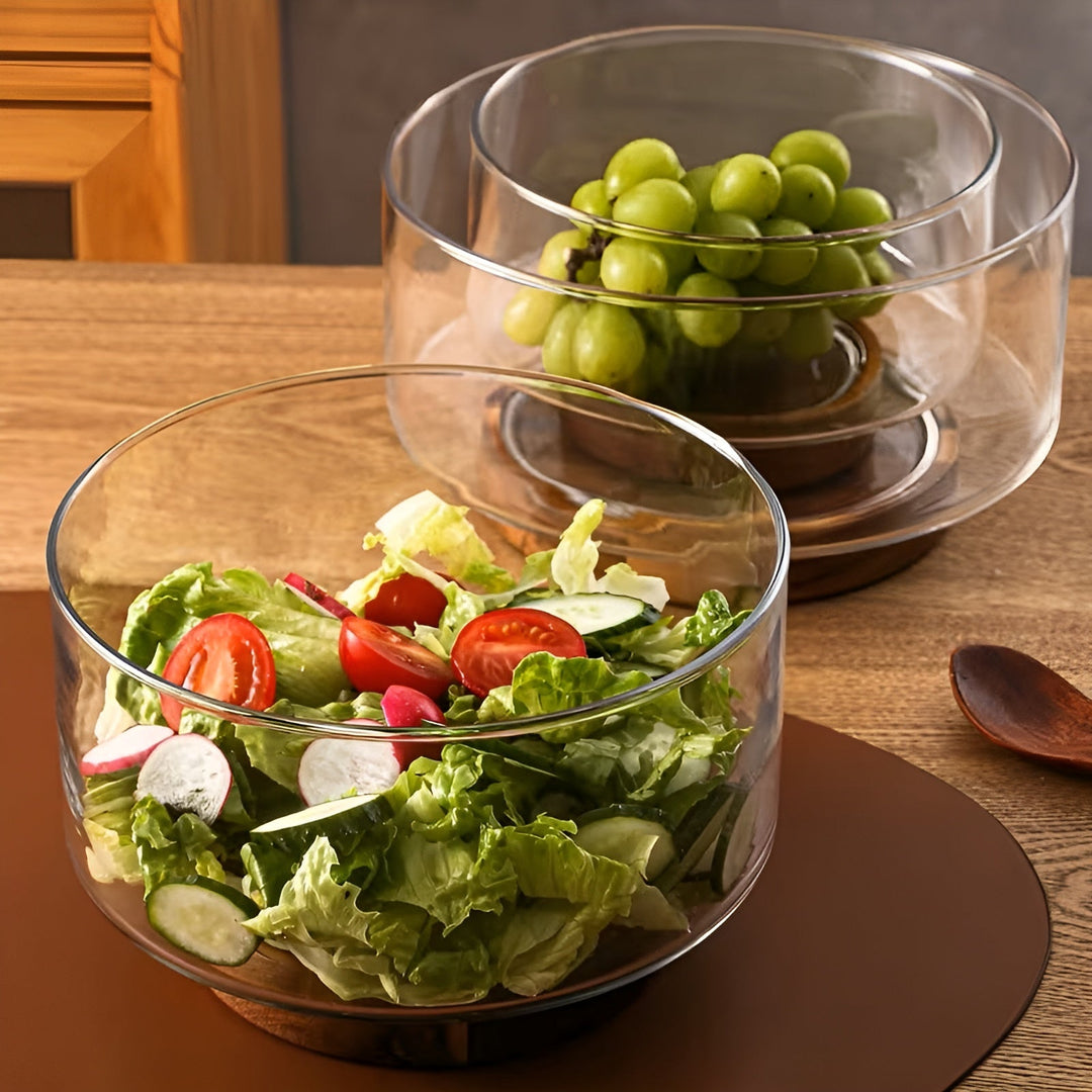 Glassbolle med trebunn – Elegant og dekorativ | Perfekt til frukt, snacks og salater på kjøkkenet