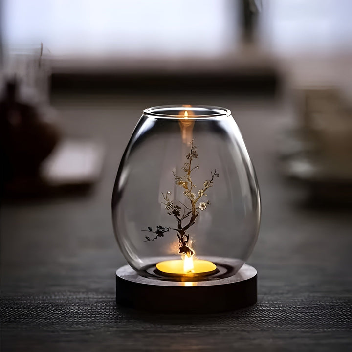 2-delt sett glasskandelholdere med tresokkel - dekorativ i retro zen-stil | perfekt for stue, borddekorasjon og utendørs | Skanto