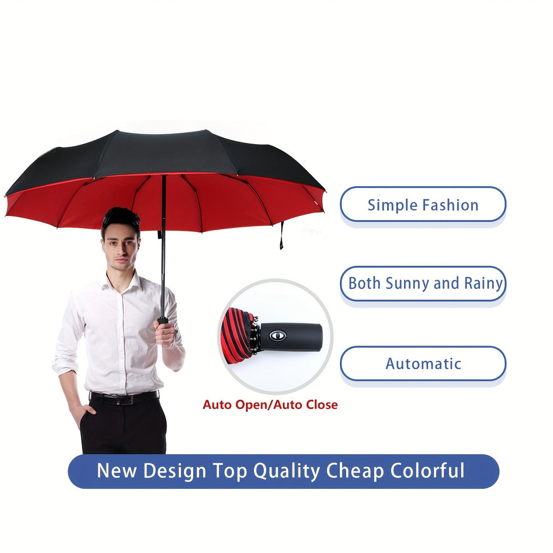 Skanto | Vindtetts reiseregns umbrellas - Robust 10-ribs ramme, Automatisk, Ekstra stort sammenleggbart design med UV-beskyttelse, Dobbelt bruk for solfylt og regnfullt vær