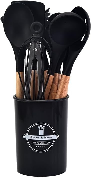 Skanto | Silikon Kjøkkenredskapsett | Nonstick Trygg | Treskaft | Varmeresistent