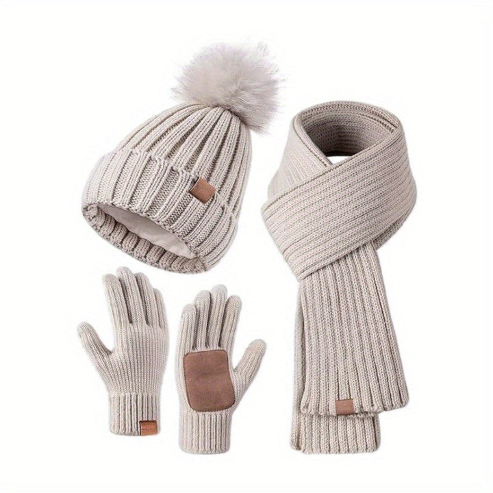 3-i-1-Strickwinter-sett med Mütze, Schal og Touchscreen-Handschuhen