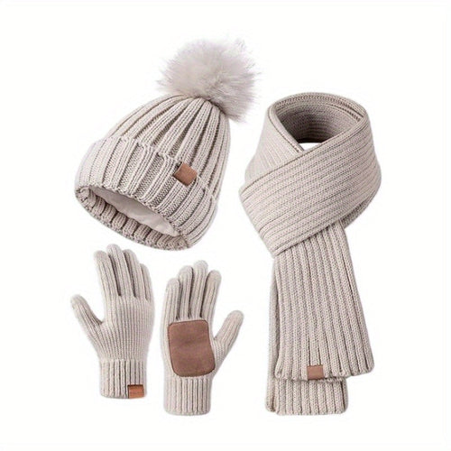 3-i-1-Strickwinter-sett med Mütze, Schal og Touchscreen-Handschuhen