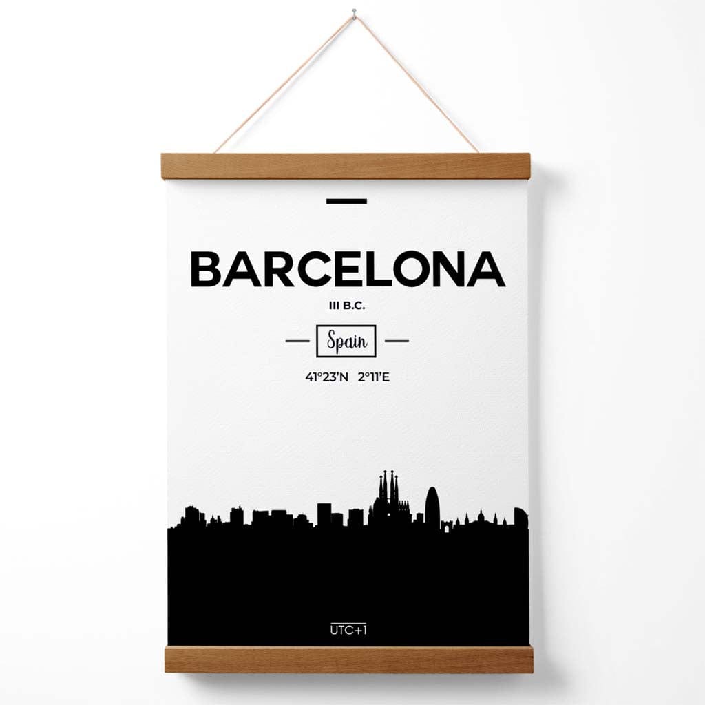 Barcelonas bybildeplakat i svart-hvitt med holder