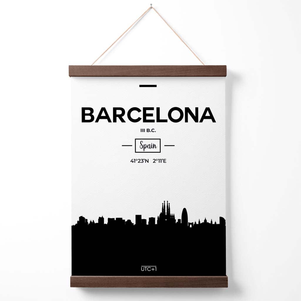 Barcelonas bybildeplakat i svart-hvitt med holder