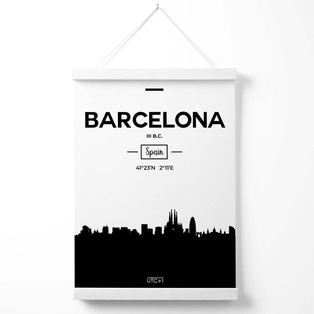 Barcelonas bybildeplakat i svart-hvitt med holder