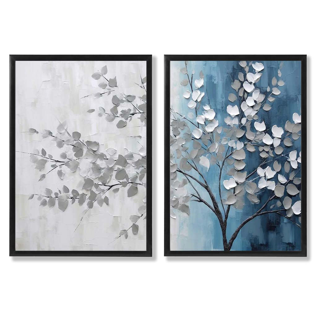Blågrått tre-diptych, innrammet sett med 2 kunsttrykk