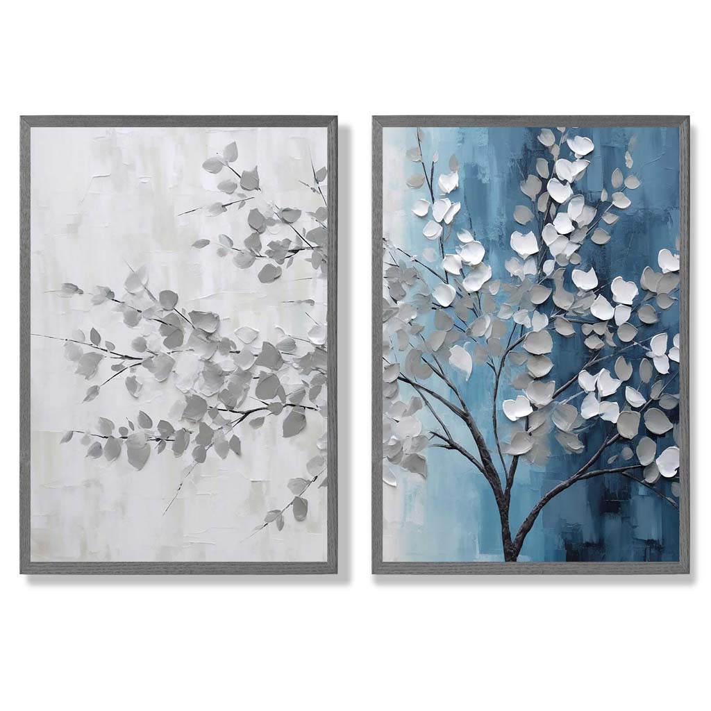 Blågrått tre-diptych, innrammet sett med 2 kunsttrykk