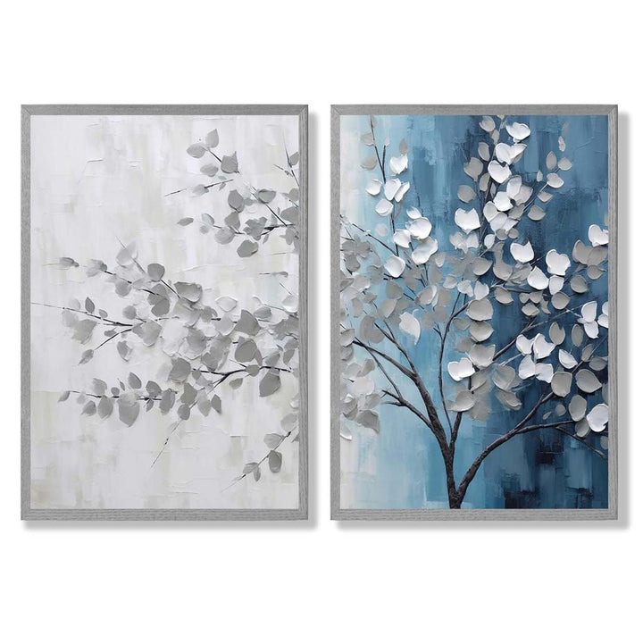 Blågrått tre-diptych, innrammet sett med 2 kunsttrykk