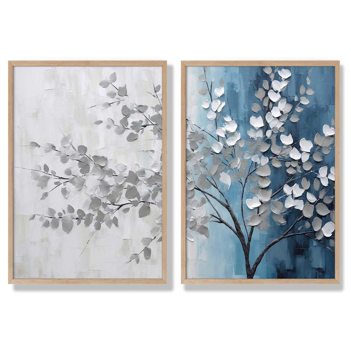 Blågrått tre-diptych, innrammet sett med 2 kunsttrykk
