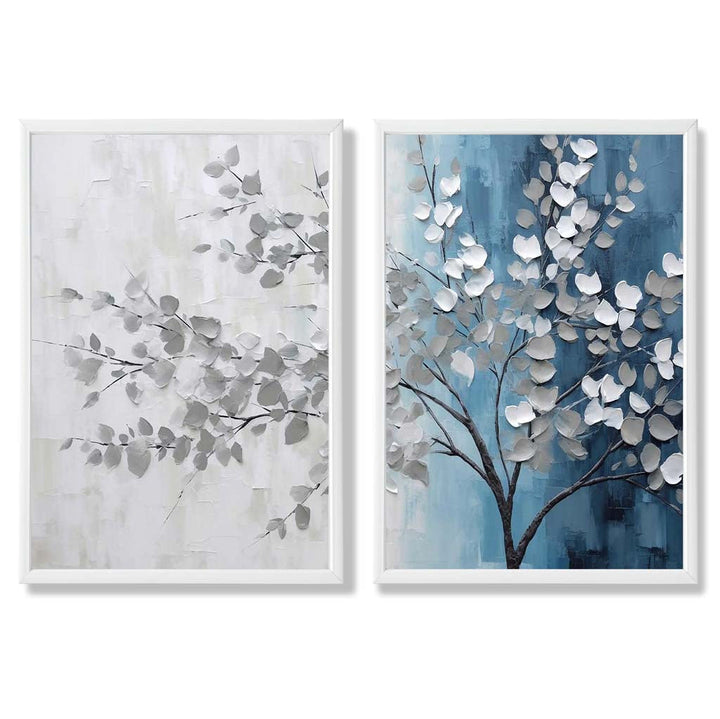 Blågrått tre-diptych, innrammet sett med 2 kunsttrykk