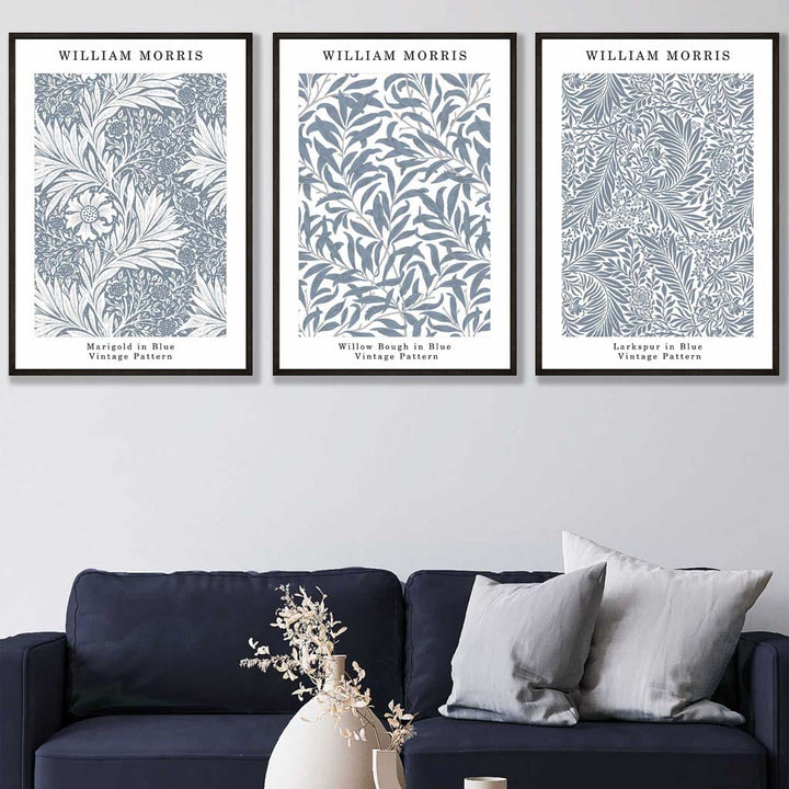 Blå William Morris Vintage blomstersett med 3 veggkunstverk