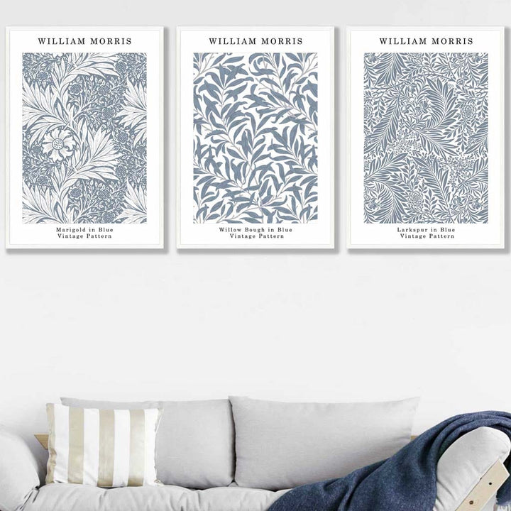 Blå William Morris Vintage blomstersett med 3 veggkunstverk
