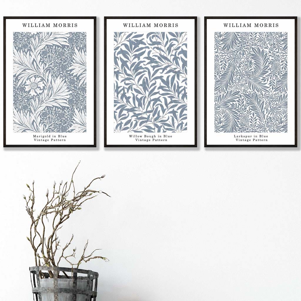 Blå William Morris Vintage blomstersett med 3 veggkunstverk