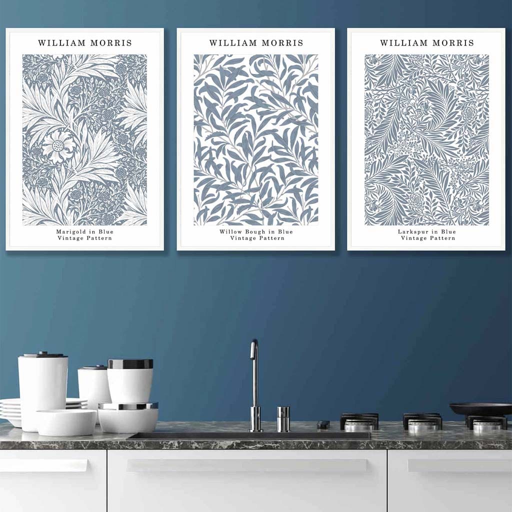 Blå William Morris Vintage blomstersett med 3 veggkunstverk