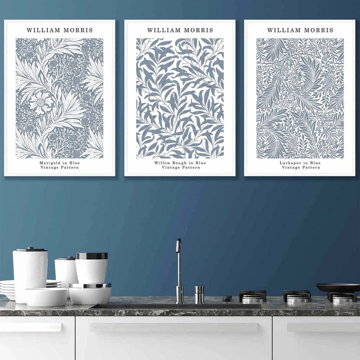 Blå William Morris Vintage blomstersett med 3 veggkunstverk