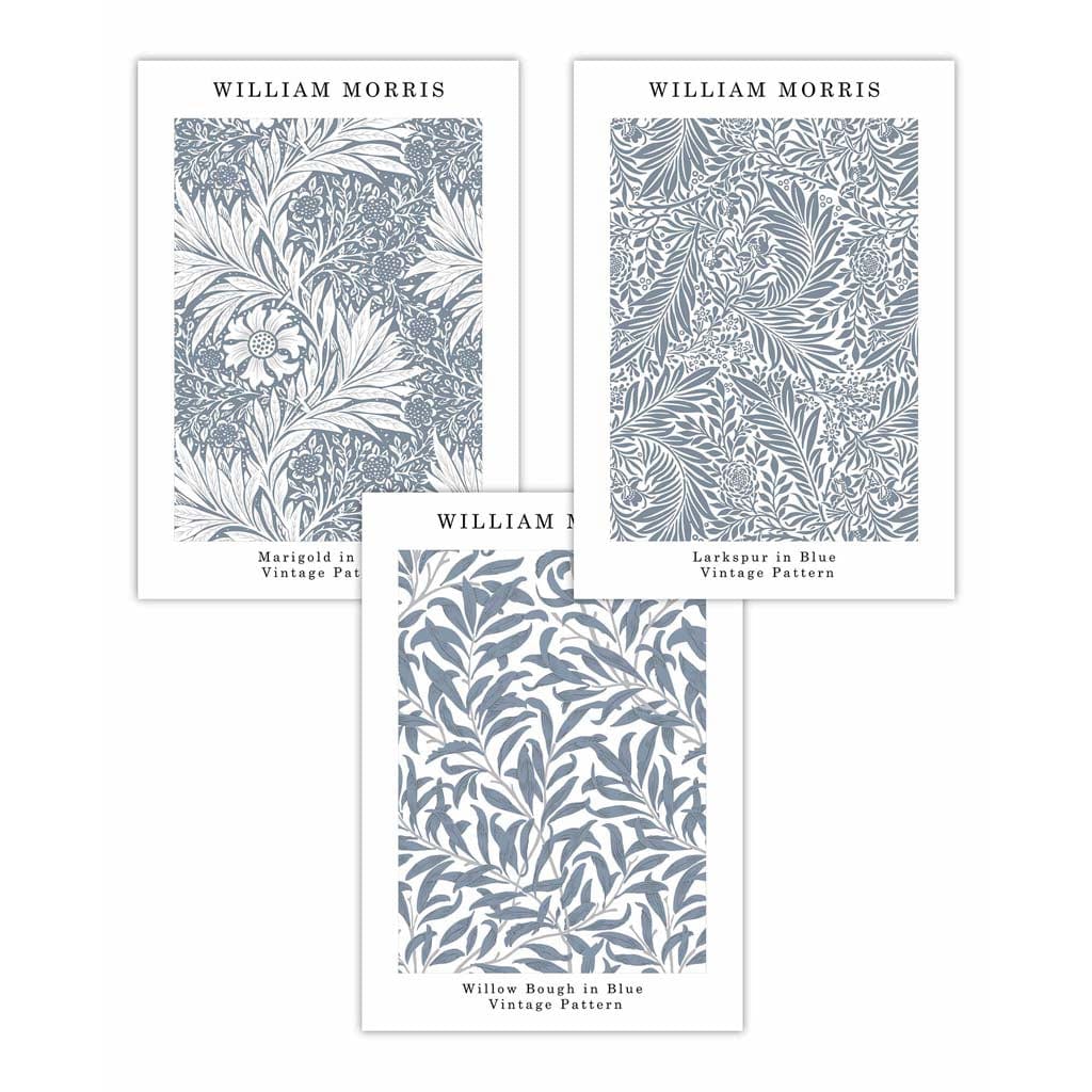 Blå William Morris Vintage blomstersett med 3 veggkunstverk