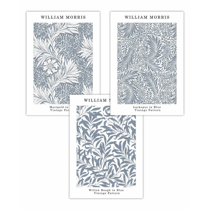 Blå William Morris Vintage blomstersett med 3 veggkunstverk