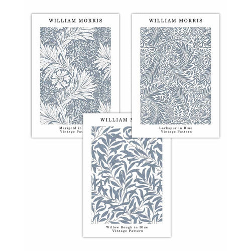 Blå William Morris Vintage blomstersett med 3 veggkunstverk