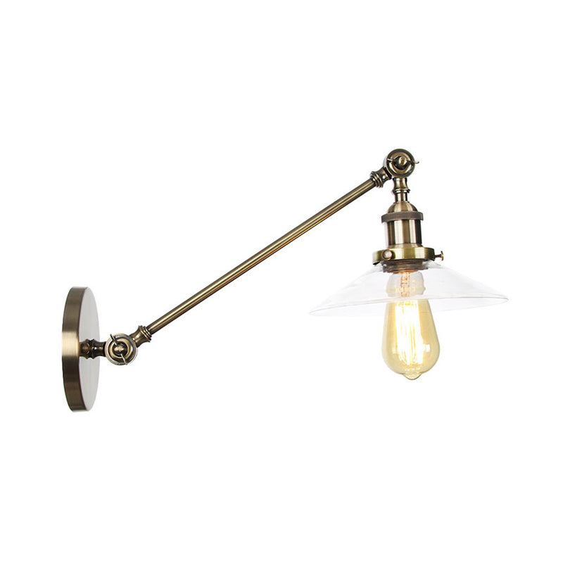 Innendørs vegglampe med 1 lys, vintage, svart/messing/bronse, lysarmatur med konisk, gjennomsiktig glassskjerm, 8"/12" L-arm