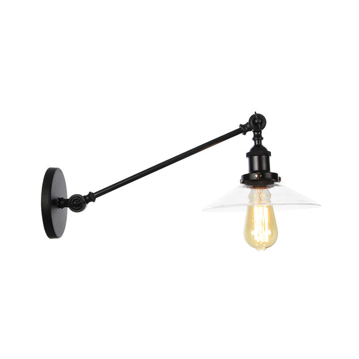 Innendørs vegglampe med 1 lys, vintage, svart/messing/bronse, lysarmatur med konisk, gjennomsiktig glassskjerm, 8"/12" L-arm