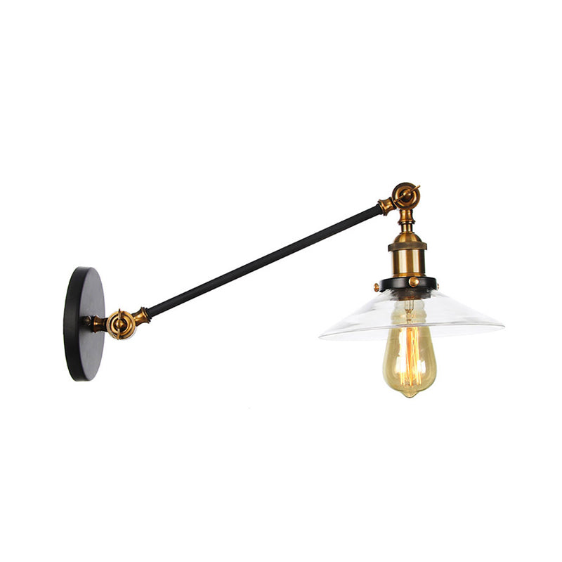 Innendørs vegglampe med 1 lys, vintage, svart/messing/bronse, lysarmatur med konisk, gjennomsiktig glassskjerm, 8"/12" L-arm