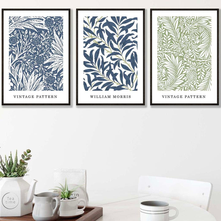 Blå og grønne William Morris Vintage blomstersett med 3 veggkunsttrykk