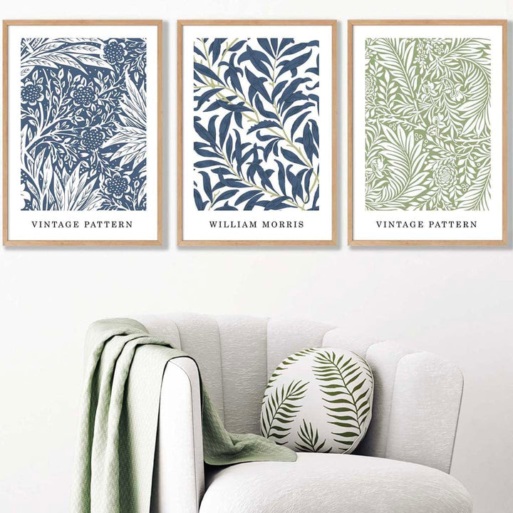 Blå og grønne William Morris Vintage blomstersett med 3 veggkunsttrykk