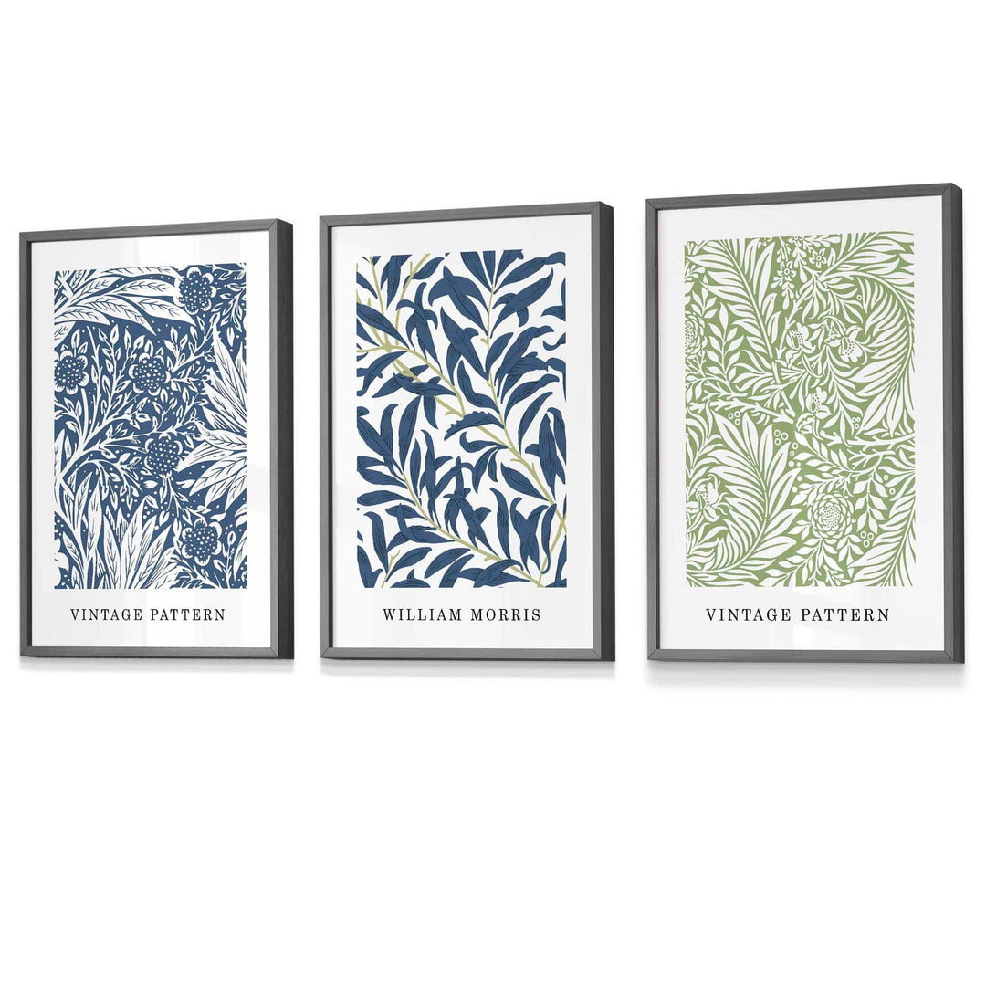 Veggkunst med innrammede vintage blomstermotiver i William Morris-stil i blått og grønt