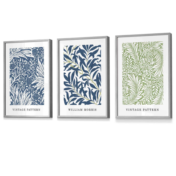 Veggkunst med innrammede vintage blomstermotiver i William Morris-stil i blått og grønt