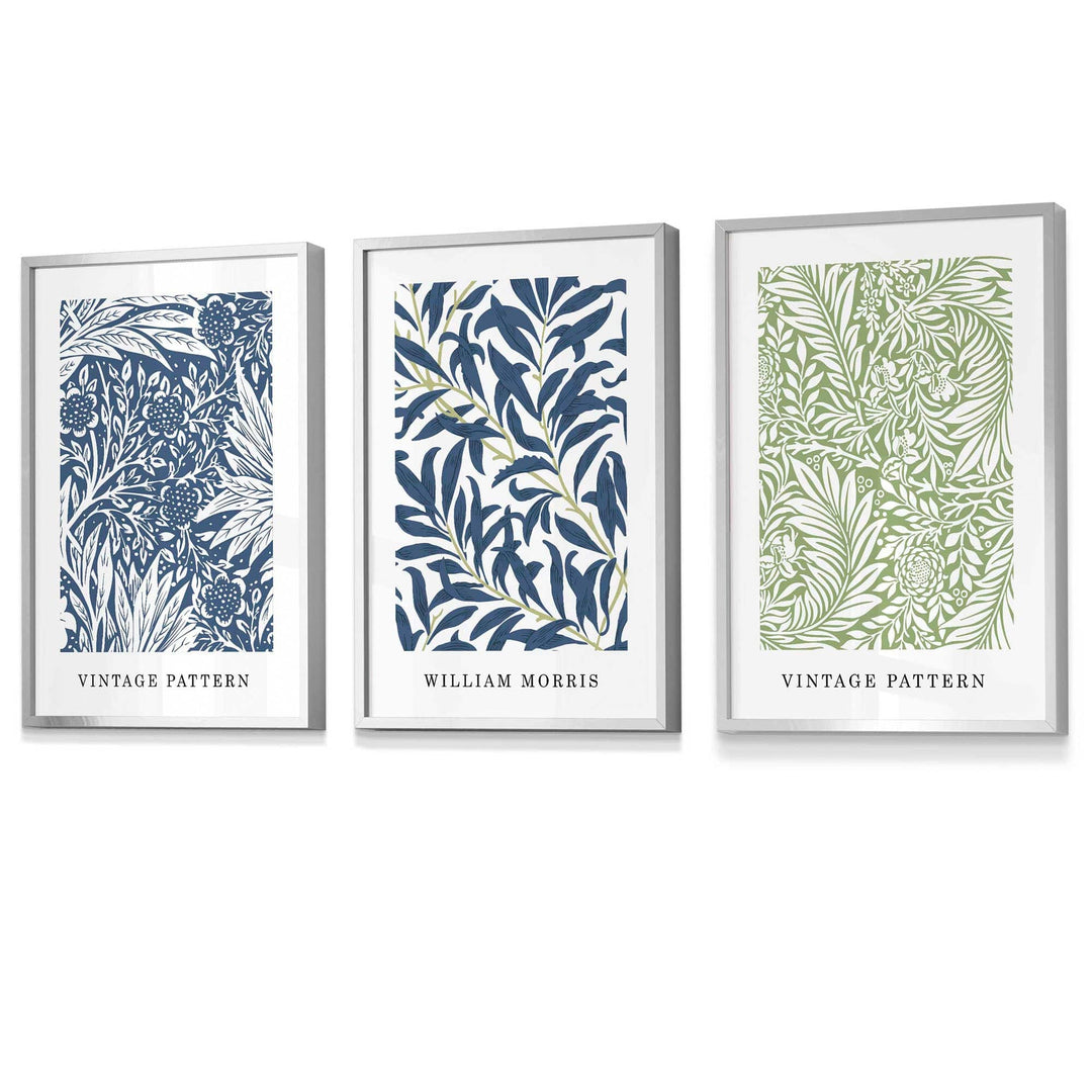Veggkunst med innrammede vintage blomstermotiver i William Morris-stil i blått og grønt