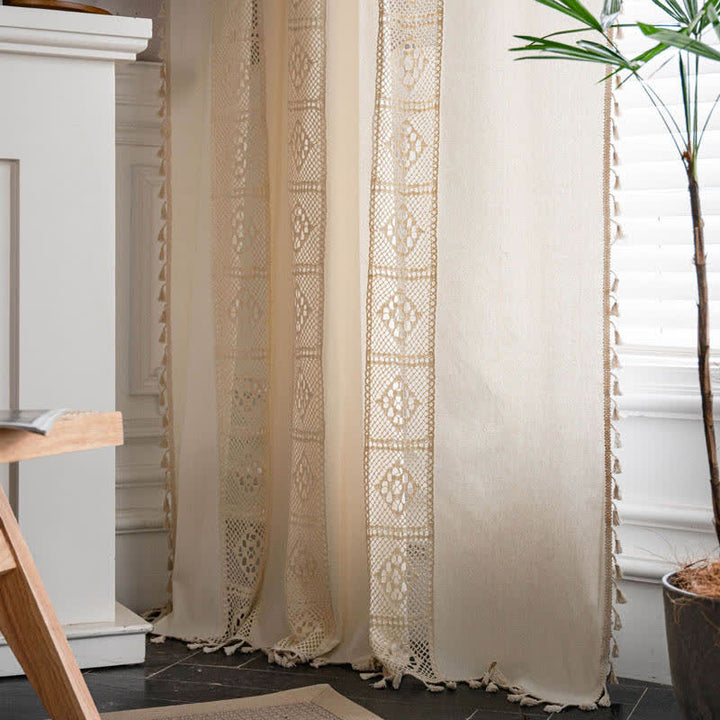 Beige Splicing Hollow-Out Lysfiltrerende Gardinsett | Skanto