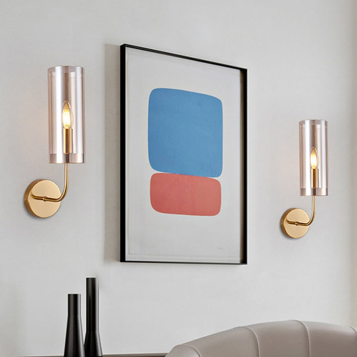 Moderne rørvegglampe i konjakk/lyseblått glass med 1 hode, veggmontert lampe for stue