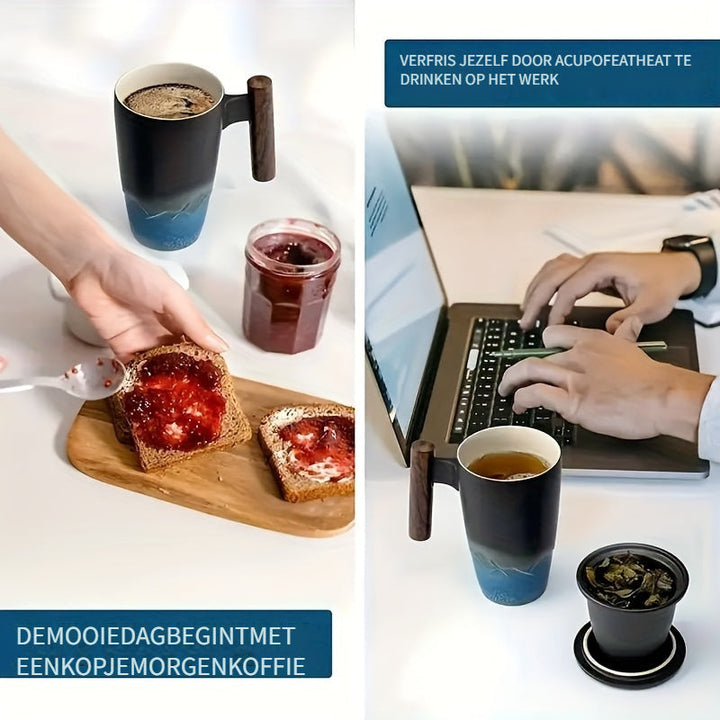 Skanto | TeaCraft Keramisk Kopp | Håndlaget | Med Te-sil og Treskaft | Retro Design