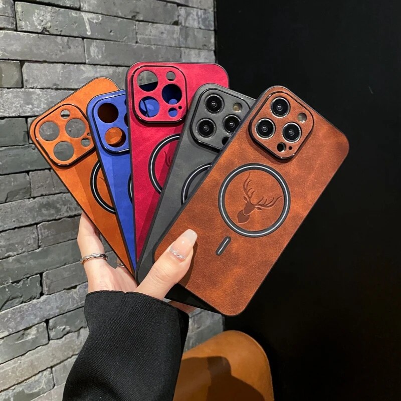 Skanto | Luxury Deer Leather Apple iPhone Case | Magnetisk telefonveske, trådløs veske, MagSafe, trådløs lading, beskyttelsesveske, deksel for iPhone 15, 14, 13 Pro Max Plus