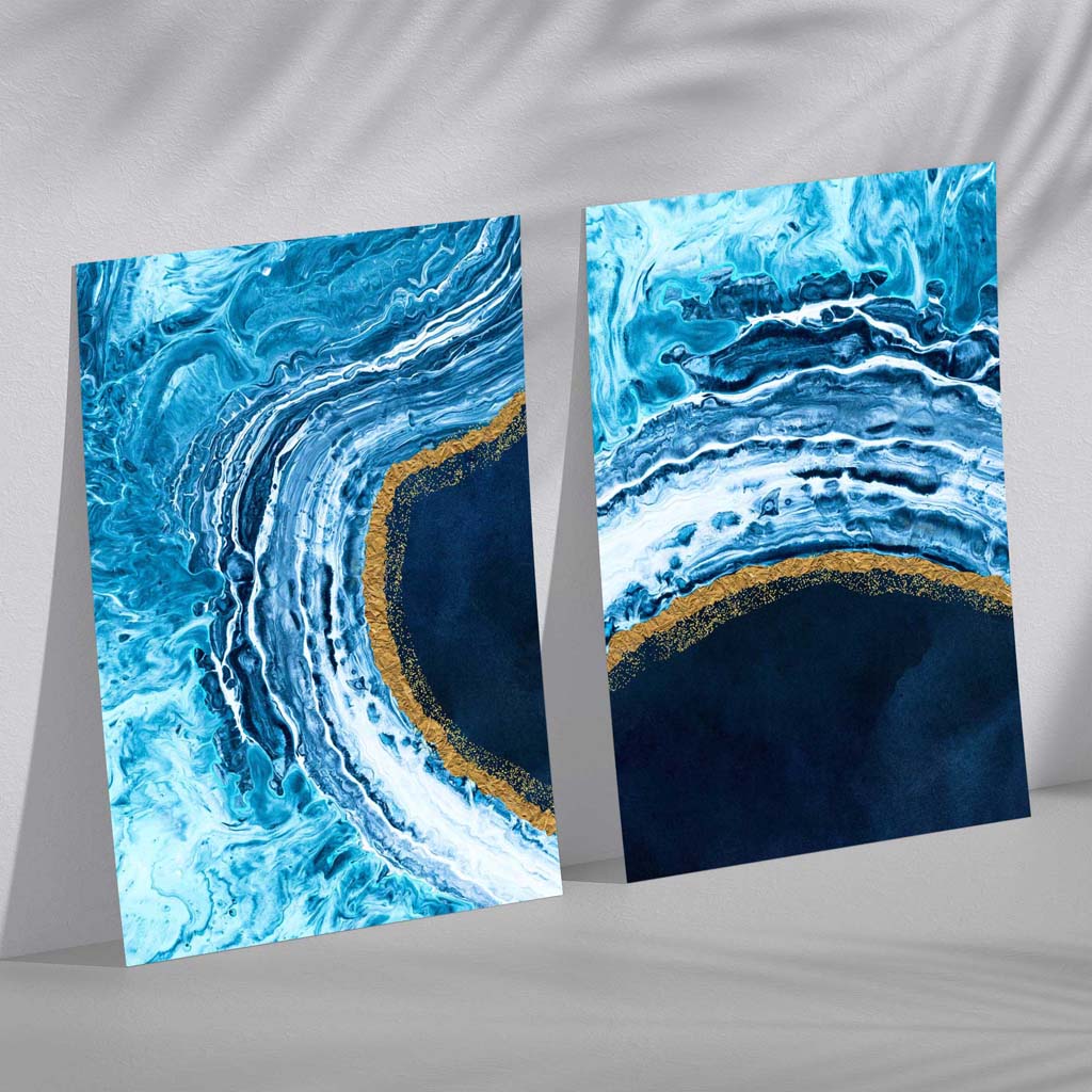 Abstrakt havmotiv i blått og gull, 2 kunsttrykk