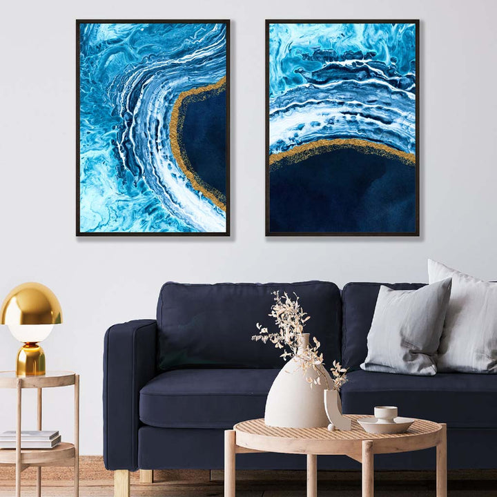 Abstrakt havmotiv i blått og gull, 2 kunsttrykk
