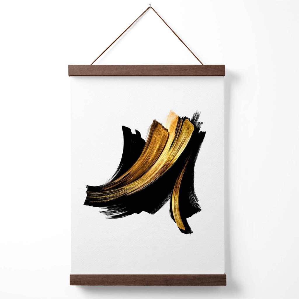 Abstrakt plakat med penselstrøkmønster i svart og gull, inkludert oppheng.