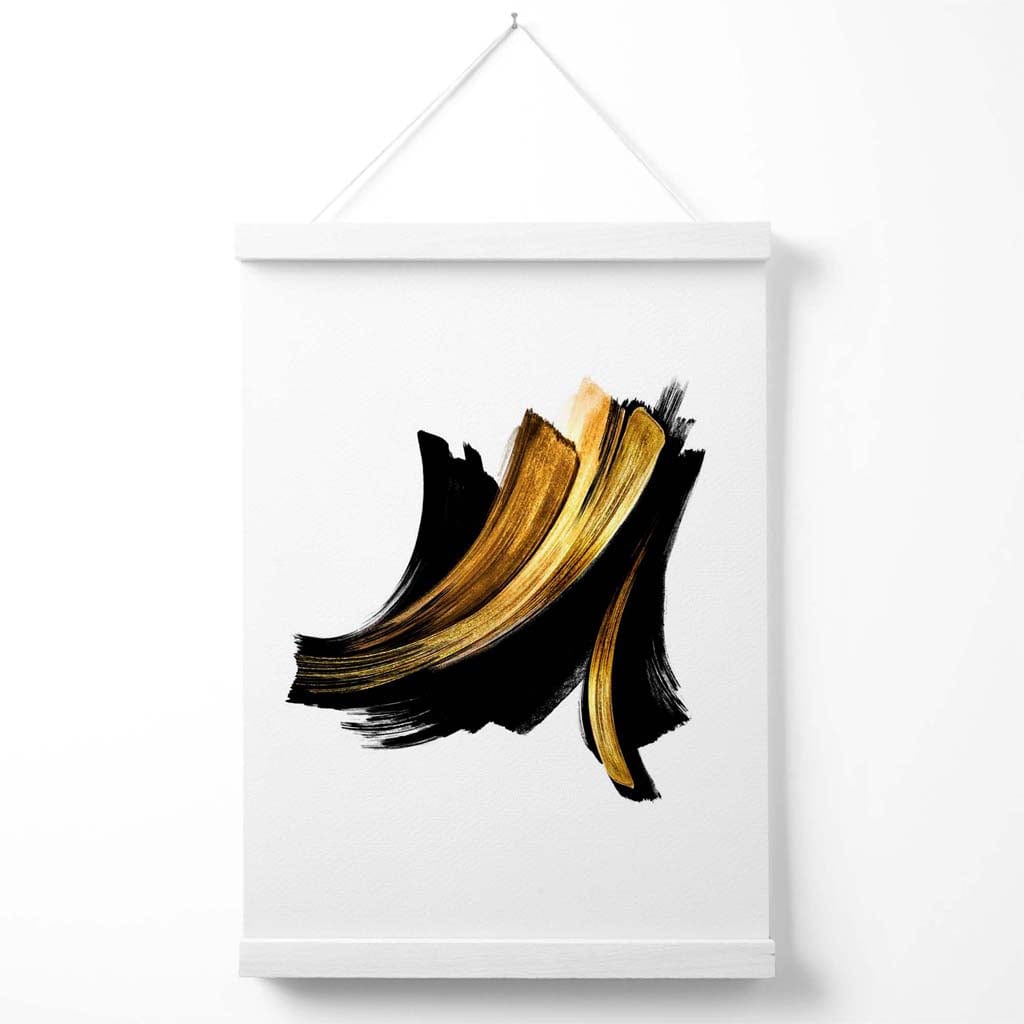 Abstrakt plakat med penselstrøkmønster i svart og gull, inkludert oppheng.