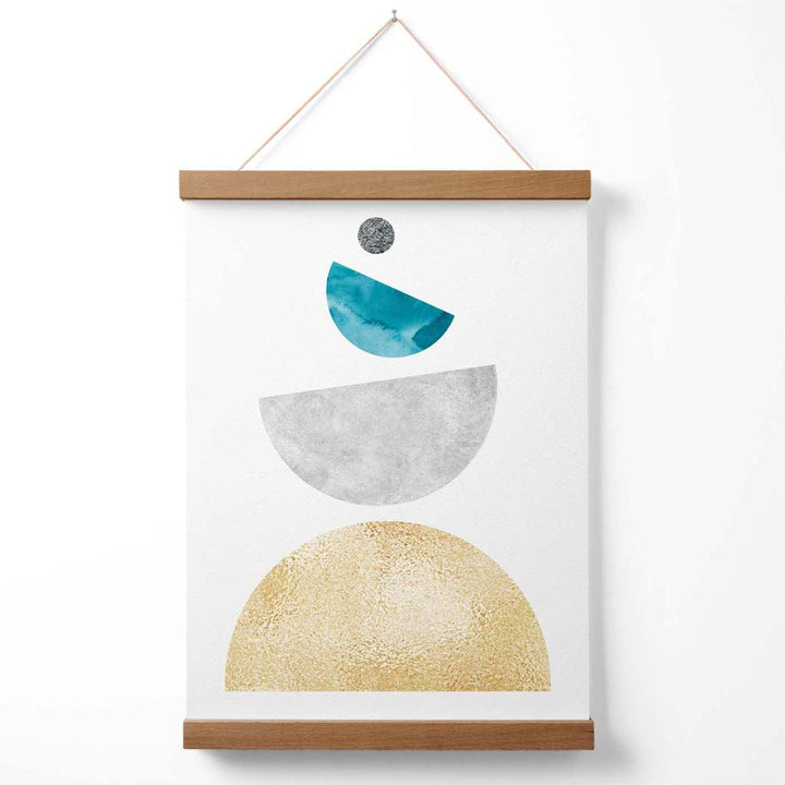 Turkis og gul plakat med halvsirkler i mid-century-stil, geometrisk design, inkludert oppheng
