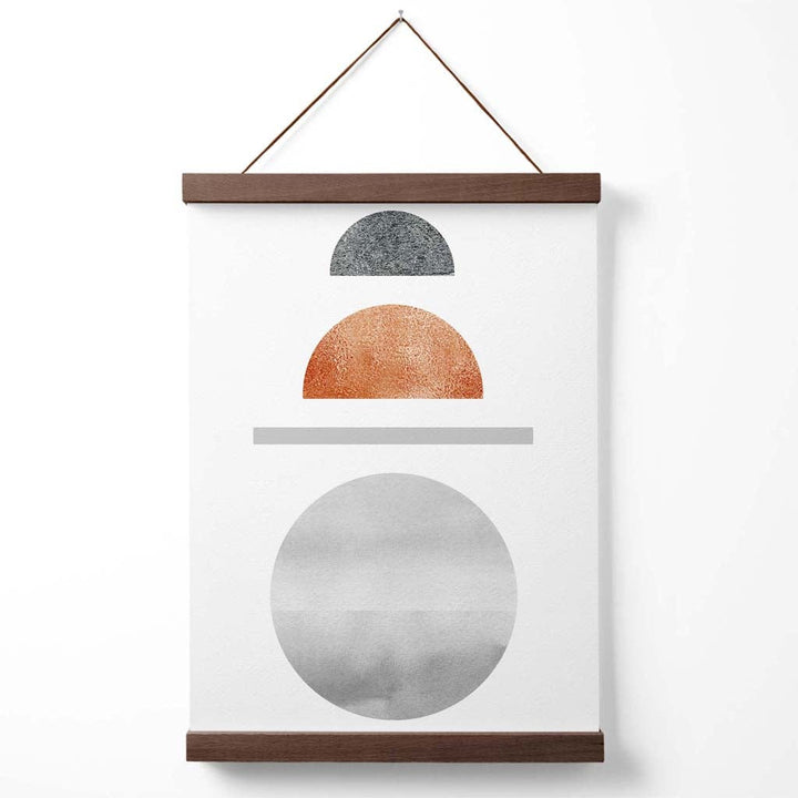 Halvmåneplakat i midten av århundret-stil i kobber og grått med geometrisk mønster og oppheng