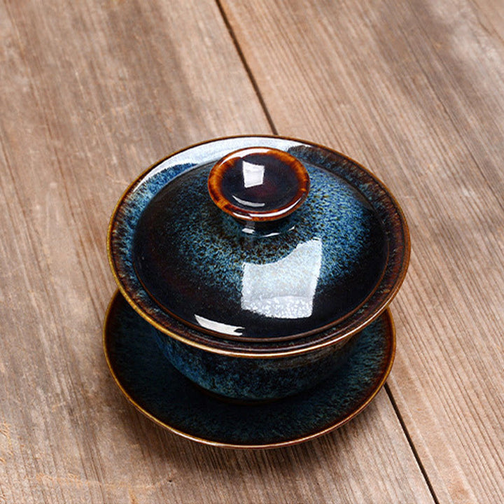 Skanto | Vintage Brennovn Keramisk Gaiwan Sancai Tekopp Tekopp og Tallerken med Lokk