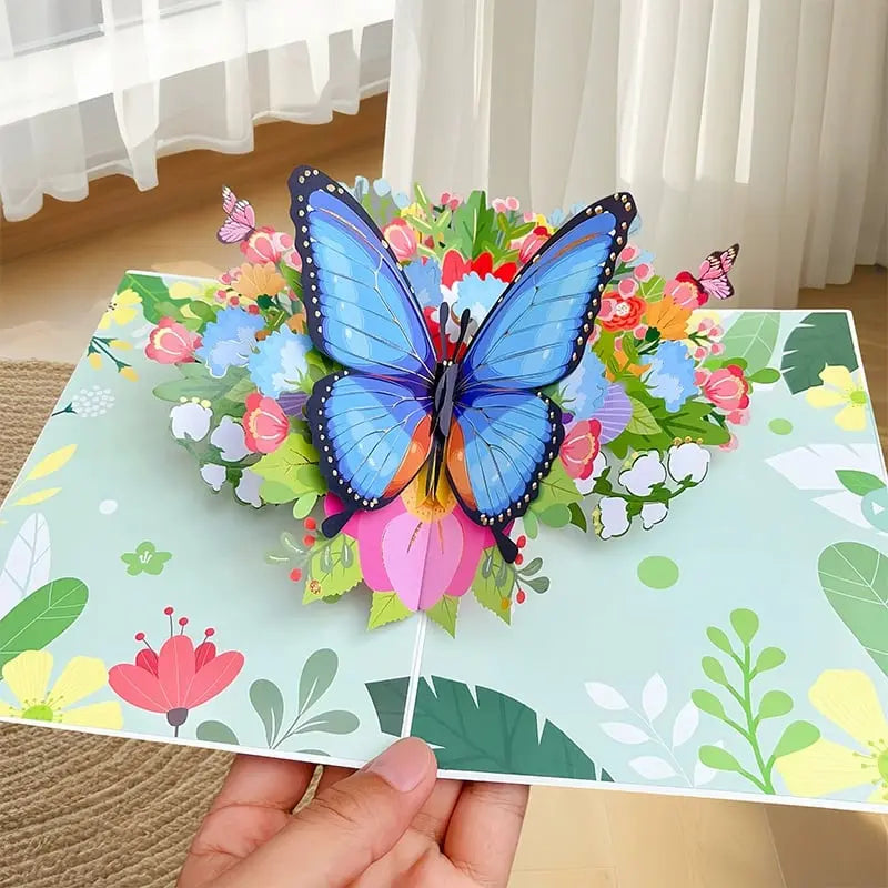 3D Pop-up-hilsenkort – Fargerike sommerfugler og tusenfryd med konvolutt