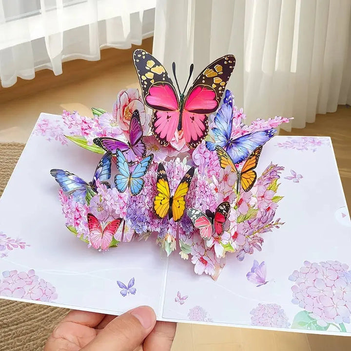 3D Pop-up-hilsenkort – Fargerike sommerfugler og tusenfryd med konvolutt