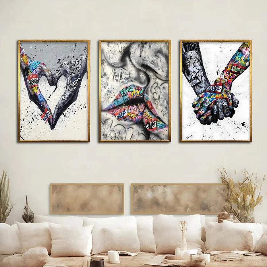 Skanto | 3PCS Moderne Kjærlighet Hånd i Hånd Kyss Kyss Plakat Graffiti Banksy Gate Veggkunst Lerret Maleri Trykk Bilder Romdekorasjon