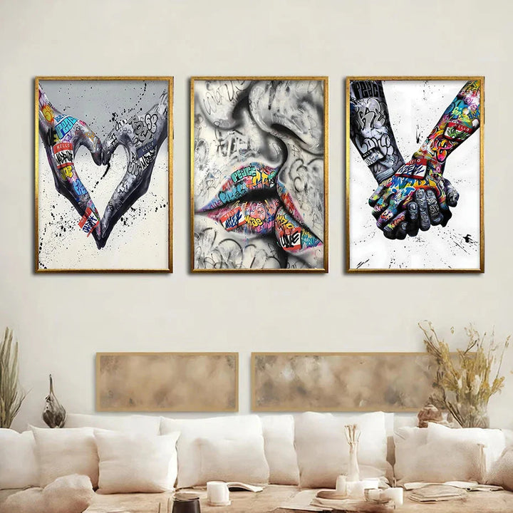 Skanto | 3PCS Moderne Kjærlighet Hånd i Hånd Kyss Kyss Plakat Graffiti Banksy Gate Veggkunst Lerret Maleri Trykk Bilder Romdekorasjon
